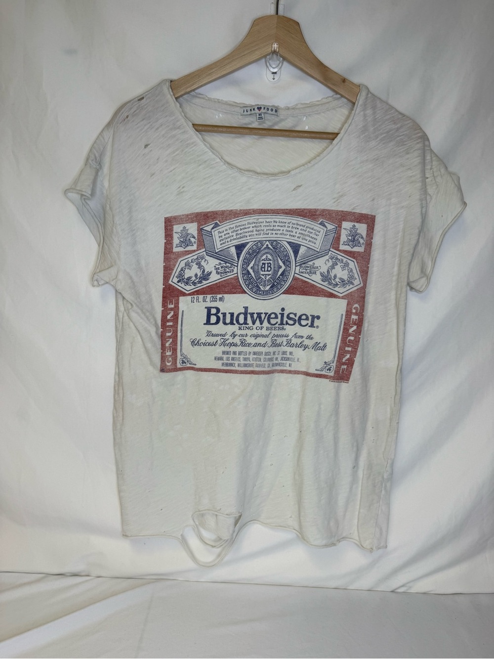Junk Food Clothing Cream Short Sleeve Tee with Red and Blue Budweiser Graphic